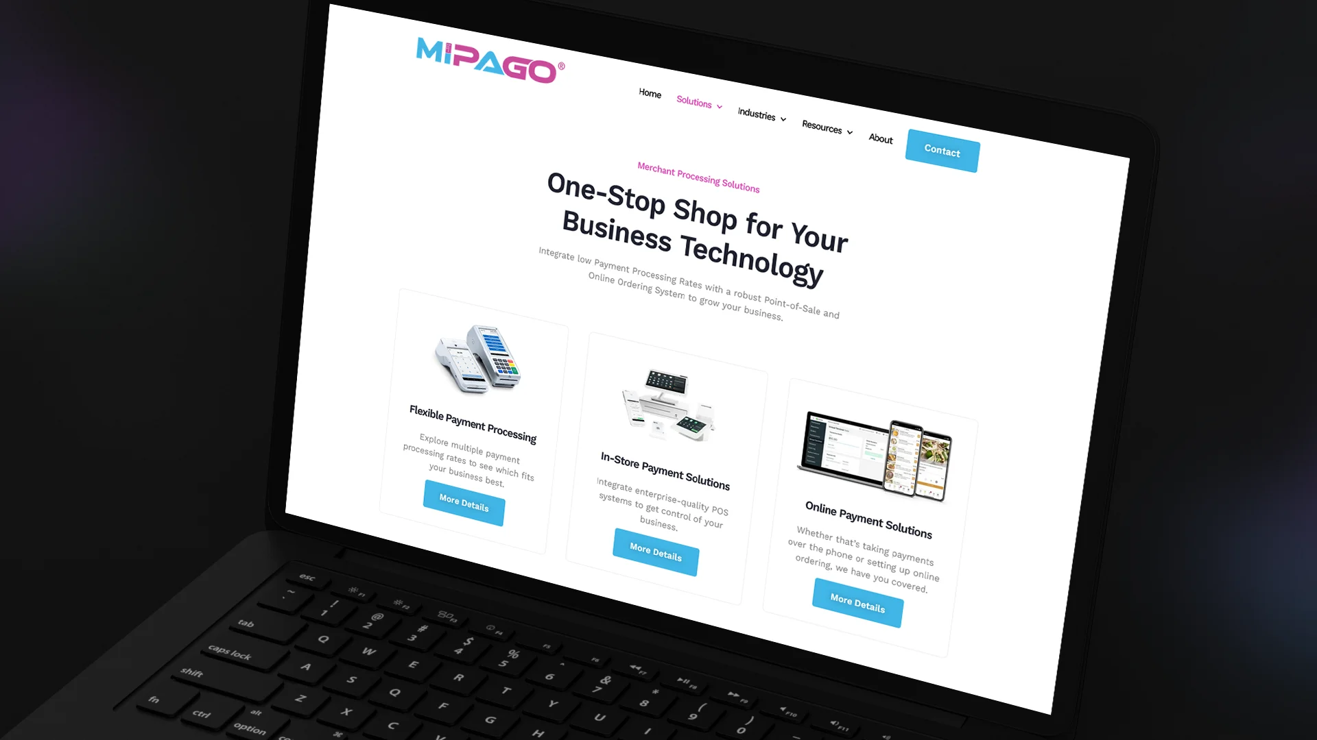 MiPago marketing website on laptop screen